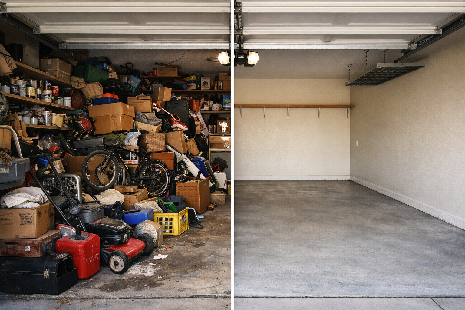 Before and after garage cleanout — cluttered garage transformed to clean, empty space