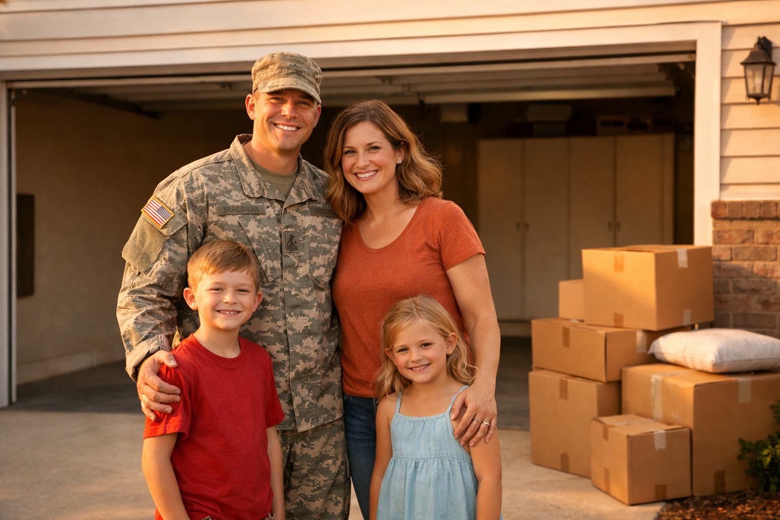 Military family smiling in front of a clean, empty garage with moving boxes