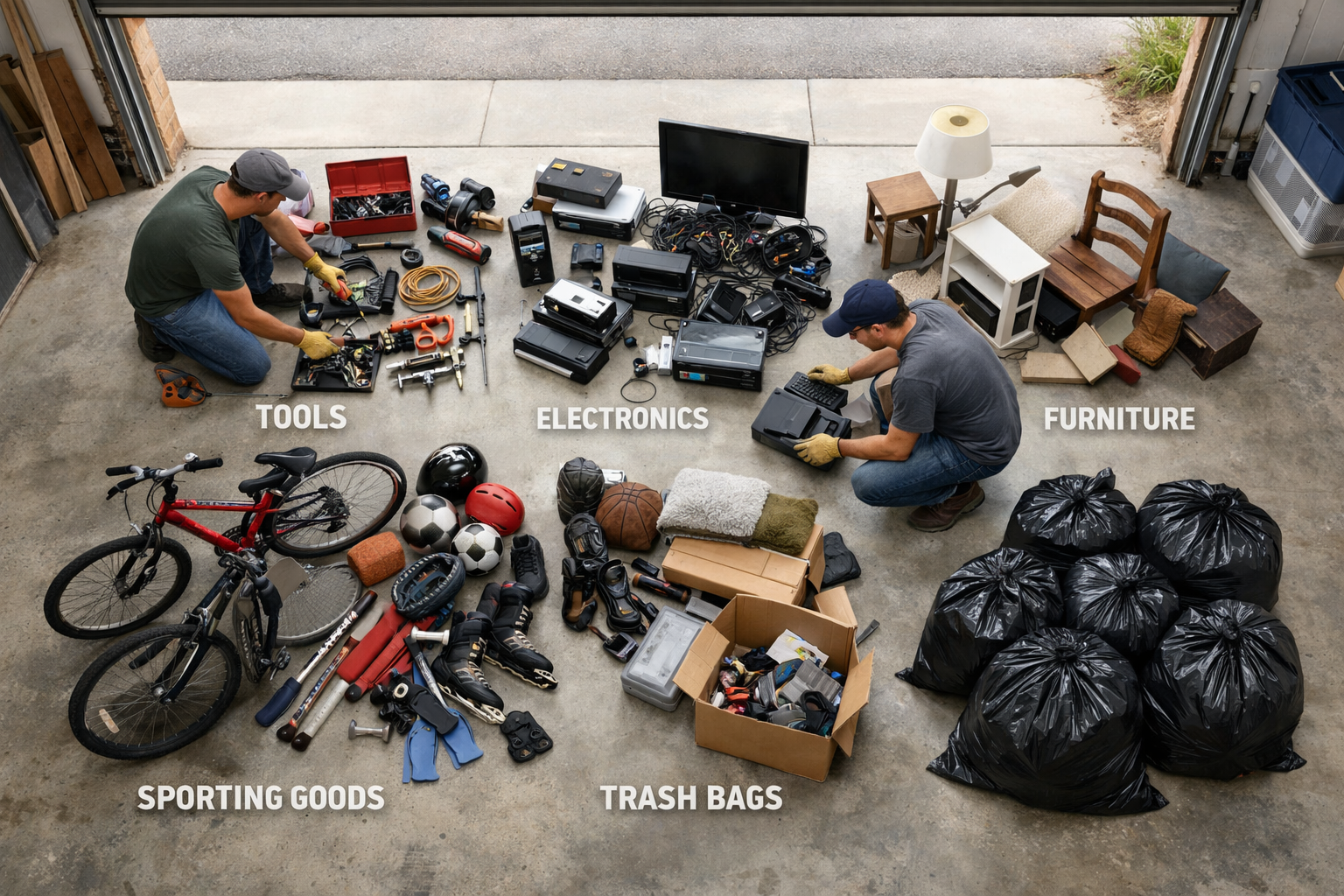 Overhead view of a garage being sorted with items organized into labeled piles